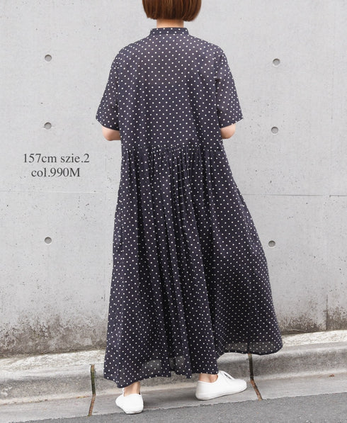 NSL26054 80s COTTON VOILE DOT PRINT BANDED COLLAR S/SL DRESS