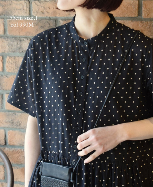 NSL26054 80s COTTON VOILE DOT PRINT BANDED COLLAR S/SL DRESS