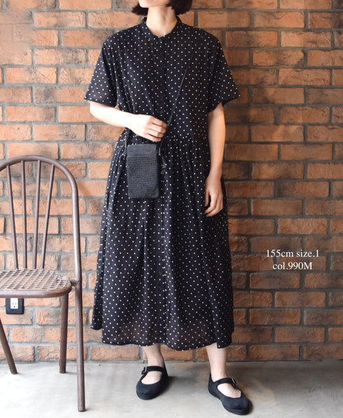 NSL26054 80s COTTON VOILE DOT PRINT BANDED COLLAR S/SL DRESS