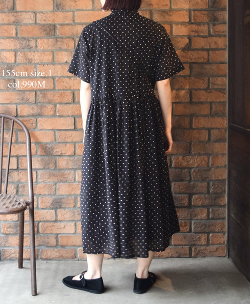 NSL26054 80s COTTON VOILE DOT PRINT BANDED COLLAR S/SL DRESS
