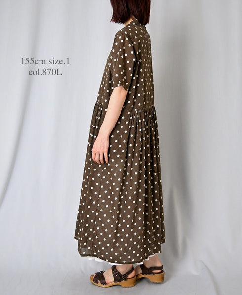 NSL26054 80s COTTON VOILE DOT PRINT BANDED COLLAR S/SL DRESS