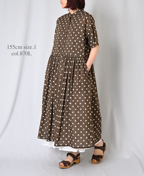 NSL26054 80s COTTON VOILE DOT PRINT BANDED COLLAR S/SL DRESS