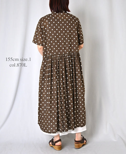 NSL26054 80s COTTON VOILE DOT PRINT BANDED COLLAR S/SL DRESS