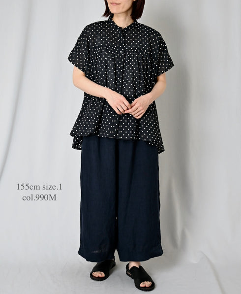 NSL26051 80s COTTON VOILE DOT PRINT BANDED COLLAR FRENCH/SL SHIRT