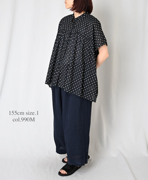 NSL26051 80s COTTON VOILE DOT PRINT BANDED COLLAR FRENCH/SL SHIRT