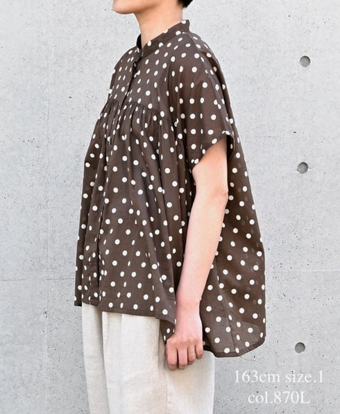 NSL26051 80s COTTON VOILE DOT PRINT BANDED COLLAR FRENCH/SL SHIRT