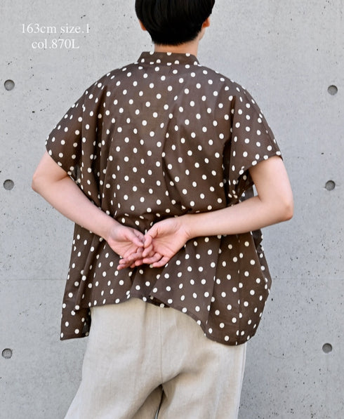 NSL26051 80s COTTON VOILE DOT PRINT BANDED COLLAR FRENCH/SL SHIRT