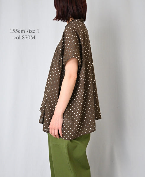 NSL26051 80s COTTON VOILE DOT PRINT BANDED COLLAR FRENCH/SL SHIRT