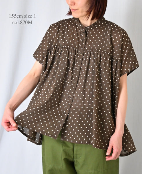 NSL26051 80s COTTON VOILE DOT PRINT BANDED COLLAR FRENCH/SL SHIRT