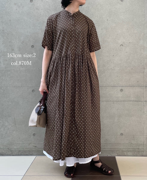 NSL26054 80s COTTON VOILE DOT PRINT BANDED COLLAR S/SL DRESS