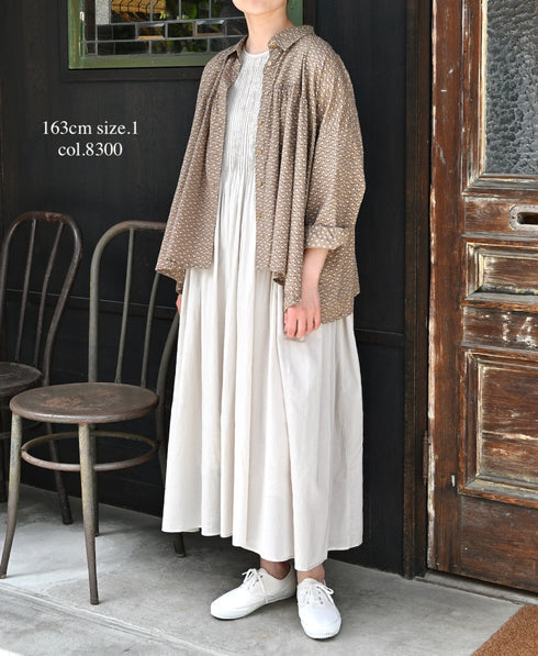 NSL26031 COTTON SLUB SMALL FLOWER PRINT REGULAR COLLAR GATHERED SHIRT SMOCK