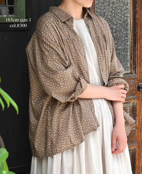 NSL26031 COTTON SLUB SMALL FLOWER PRINT REGULAR COLLAR GATHERED SHIRT SMOCK