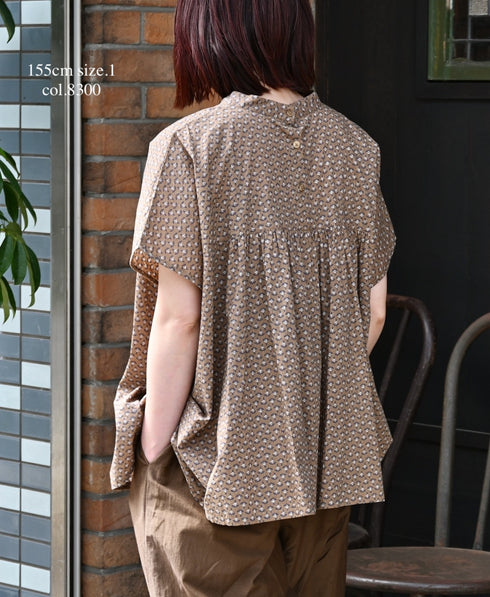 NSL26032 COTTON SLUB SMALL FLOWER PRINT BACK OPENING STAND COLLAR SHIRT
