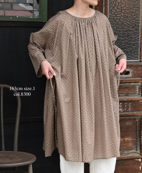 NSL26033 COTTON SLUB SMALL FLOWER PRINT 2WAY GATHERED SMOCK DRESS