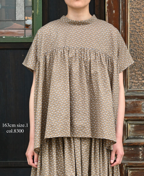NSL26032 COTTON SLUB SMALL FLOWER PRINT BACK OPENING STAND COLLAR SHIRT