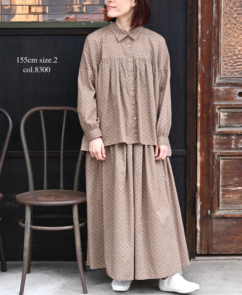 NSL26035 COTTON SLUB SMALL FLOWER PRINT GATHERED SKIRT