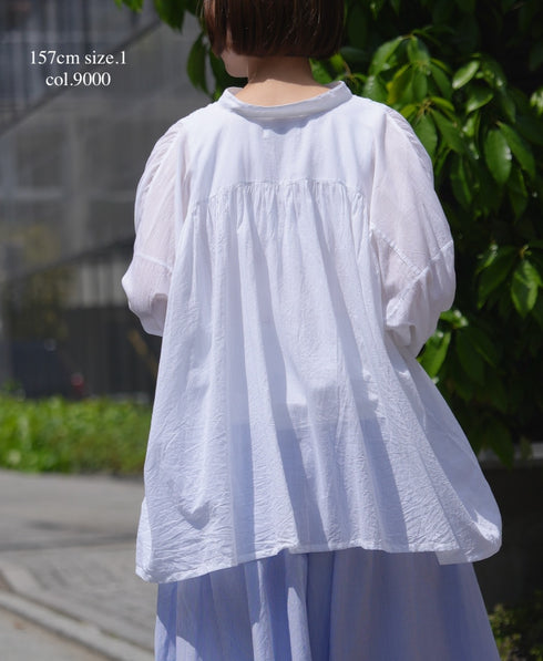 NSL26021 80s COTTON VOILE PLAIN BANDED COLLAR GATHERED SHIRT