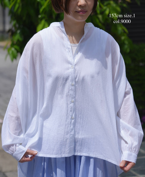 NSL26021 80s COTTON VOILE PLAIN BANDED COLLAR GATHERED SHIRT