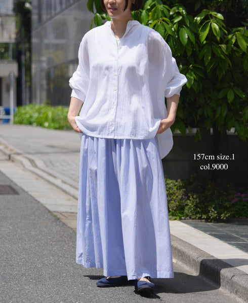 NSL26021 80s COTTON VOILE PLAIN BANDED COLLAR GATHERED SHIRT