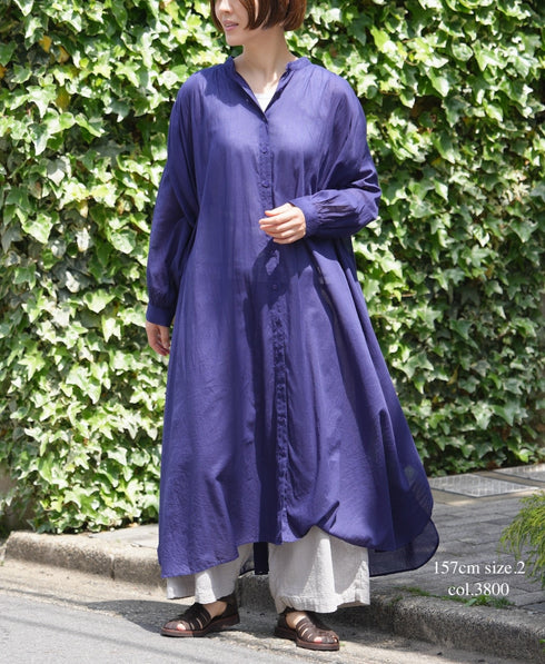 NSL26024 80s COTTON VOILE PLAIN BANDED COLLAR GATHERED SHIRT DRESS