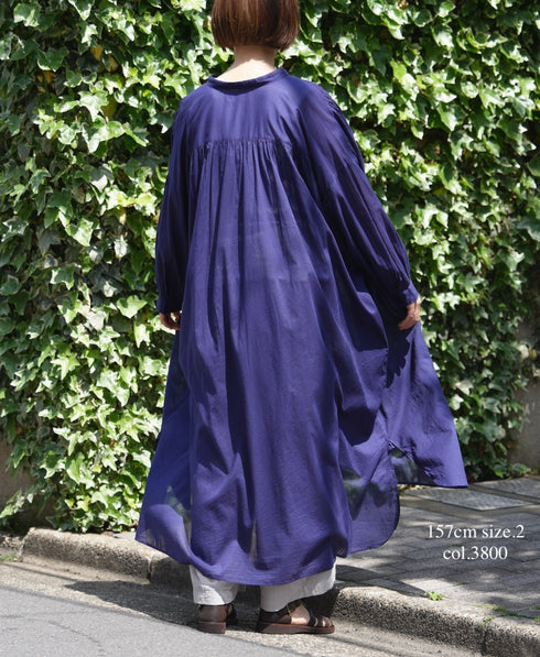 NSL26024 80s COTTON VOILE PLAIN BANDED COLLAR GATHERED SHIRT DRESS