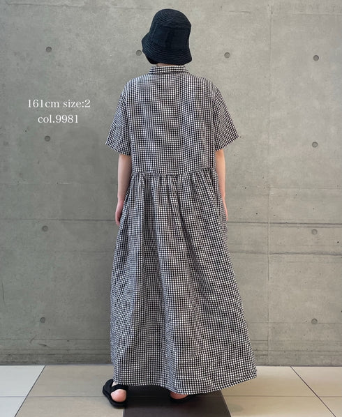 INSL26313 60s LINEN GINGHAM CHECK REGULAR COLLAR S/SL DRESS