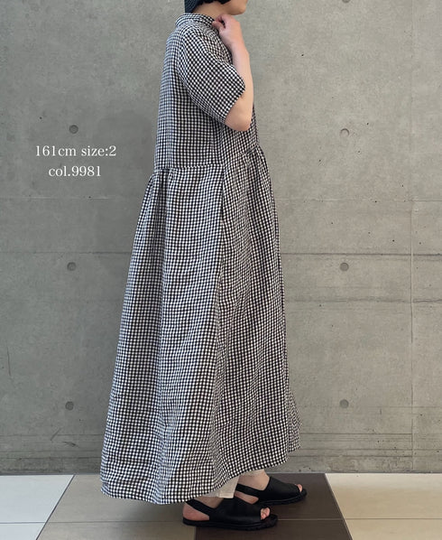 INSL26313 60s LINEN GINGHAM CHECK REGULAR COLLAR S/SL DRESS