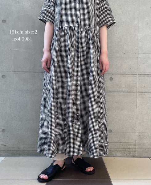 INSL26313 60s LINEN GINGHAM CHECK REGULAR COLLAR S/SL DRESS