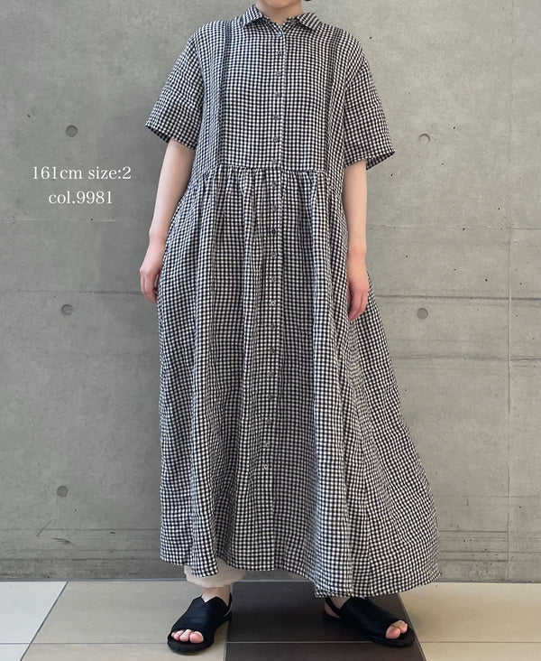 INSL26313 60s LINEN GINGHAM CHECK REGULAR COLLAR S/SL DRESS