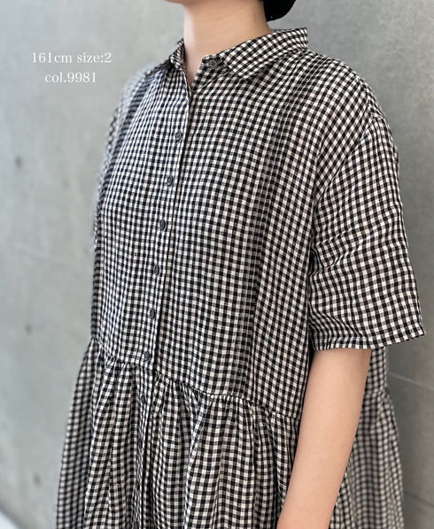 INSL26313 60s LINEN GINGHAM CHECK REGULAR COLLAR S/SL DRESS