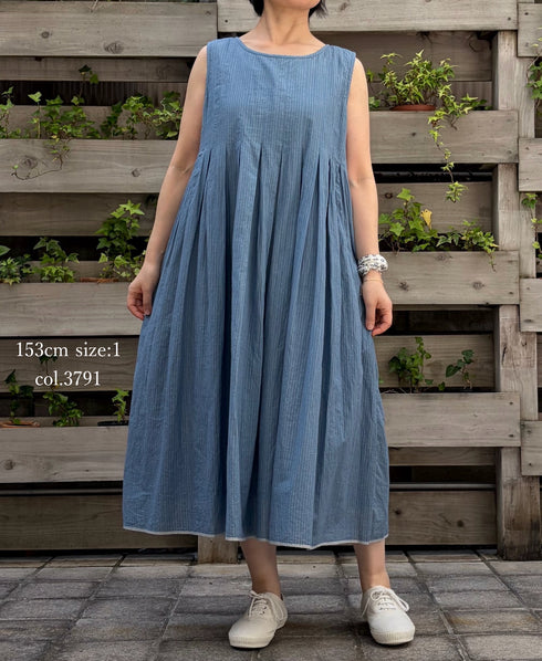 INMDS26063 HANDWOVEN COTTON STRIPE INVERTED PLEAT NO/SL PULLOVER DRESS