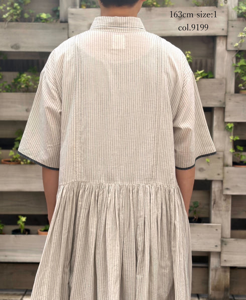 INMDS26064 HANDWOVEN COTTON STRIPE REGULAR COLLAR SHIRTS DRESS WITH RAJASTHAN GATHER