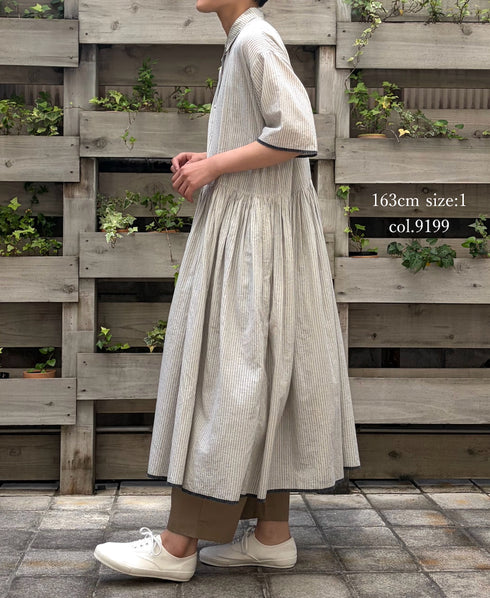 INMDS26064 HANDWOVEN COTTON STRIPE REGULAR COLLAR SHIRTS DRESS WITH RAJASTHAN GATHER