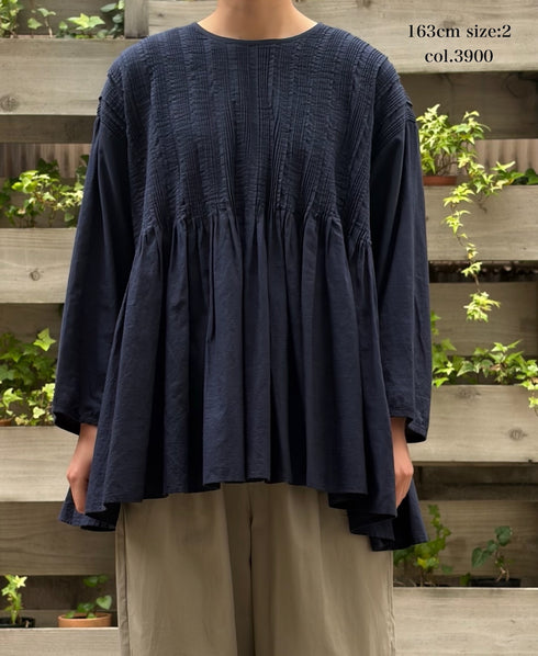 INMDS26052 HANDWOVEN COTTON HAKEME CREW NECK 3/4SL SHIRTS WITH RANDOM PLEATS