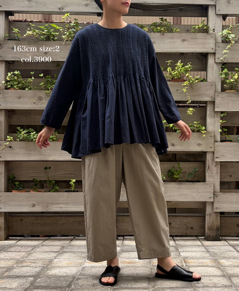 INMDS26052 HANDWOVEN COTTON HAKEME CREW NECK 3/4SL SHIRTS WITH RANDOM PLEATS