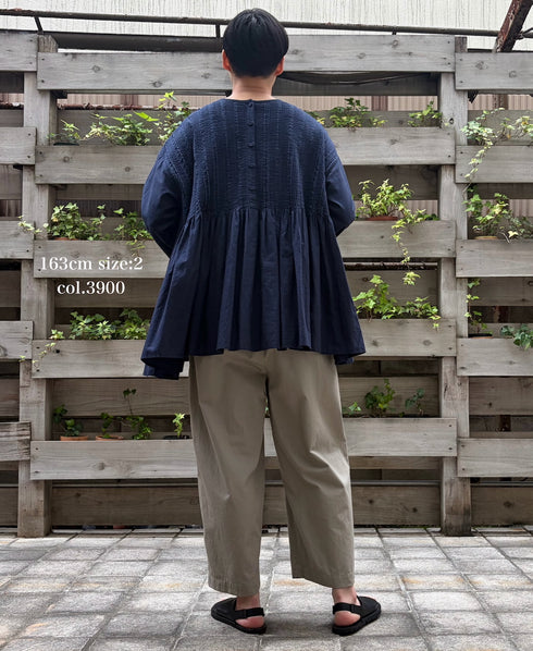 INMDS26052 HANDWOVEN COTTON HAKEME CREW NECK 3/4SL SHIRTS WITH RANDOM PLEATS