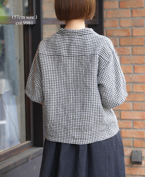 INSL26311 60s LINEN GINGHAM CHECK OPEN COLLAR SHIRTS