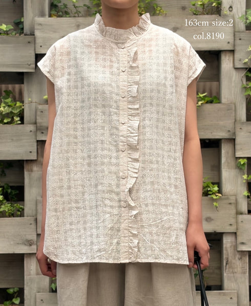 INMDS26092 POWER LOOM COTTON DOBIE CHECK FLOWER HAND SCREEN PRINT FRENCH/SL FRILL COLLAR SHIRTS