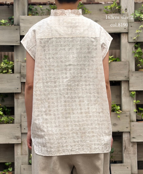 INMDS26092 POWER LOOM COTTON DOBIE CHECK FLOWER HAND SCREEN PRINT FRENCH/SL FRILL COLLAR SHIRTS