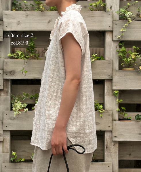 INMDS26092 POWER LOOM COTTON DOBIE CHECK FLOWER HAND SCREEN PRINT FRENCH/SL FRILL COLLAR SHIRTS