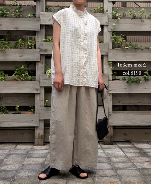 INMDS26092 POWER LOOM COTTON DOBIE CHECK FLOWER HAND SCREEN PRINT FRENCH/SL FRILL COLLAR SHIRTS