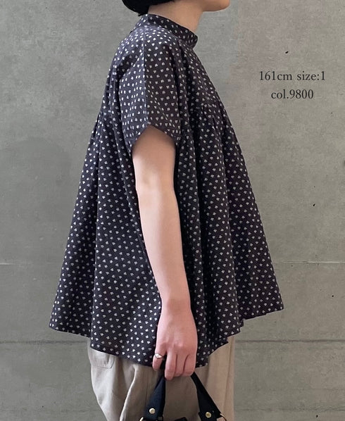 NSL26032 COTTON SLUB SMALL FLOWER PRINT BACK OPENING STAND COLLAR SHIRT