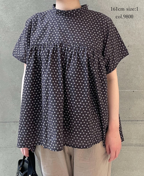 NSL26032 COTTON SLUB SMALL FLOWER PRINT BACK OPENING STAND COLLAR SHIRT