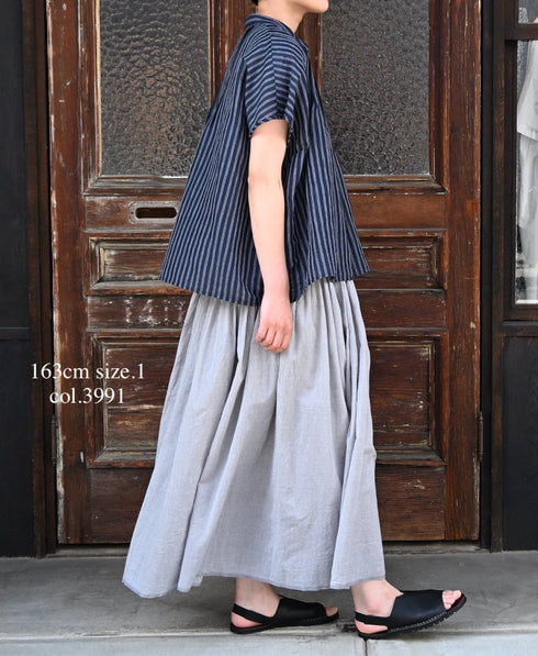 INSL26331 60s AUTO LOOM COTTON/LINEN STRIPE BANDED COLLAR FRENCH/SL PINTUCK SHIRTS