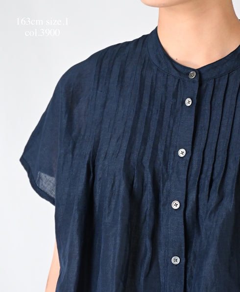 INSL26321 60s AUTO LOOM COTTON/LINEN PLAIN BANDED COLLAR FRENCH/SL PINTUCK SHIRTS