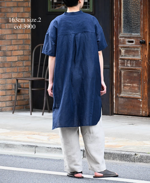 INSL26323 60s AUTO LOOM COTTON/LINEN PLAIN BANDED COLLAR S/SL TUNIC