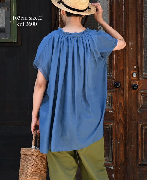 NSL26092 80s COTTON VOILE LACE LACE&STRING COLLAR GATHERED SHIRT
