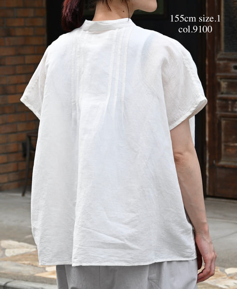 INSL26321 60s AUTO LOOM COTTON/LINEN PLAIN BANDED COLLAR FRENCH/SL PINTUCK SHIRTS