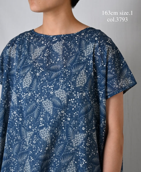 NSL26062 80s VOILE LEAF & FLOWER PRINT FRENCH/SL BACK SIDE GATHERED SMOCK