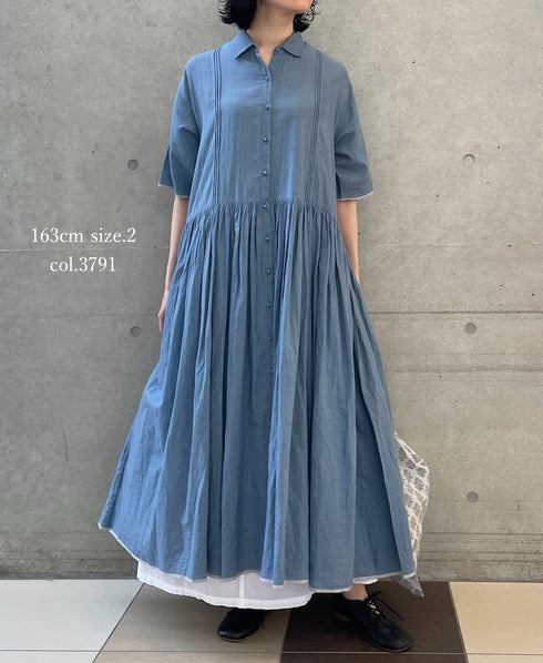 INMDS26064 HANDWOVEN COTTON STRIPE REGULAR COLLAR SHIRTS DRESS WITH RAJASTHAN GATHER